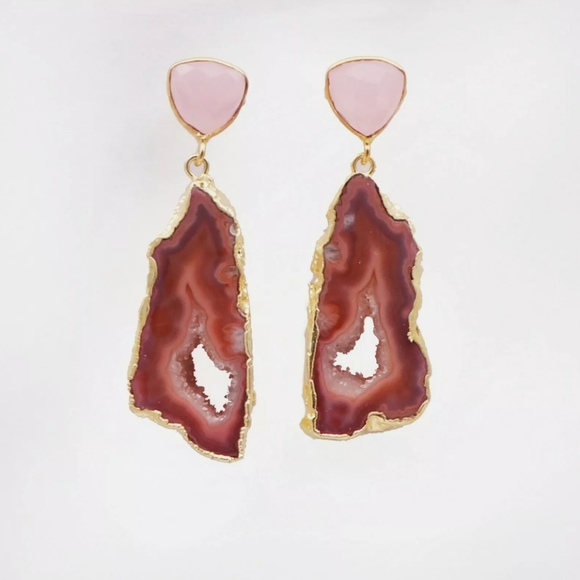 Kharma by Avelon Jewelry - Pink chalcedony, geode & gold chandelier earrings